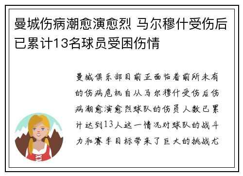 曼城伤病潮愈演愈烈 马尔穆什受伤后已累计13名球员受困伤情